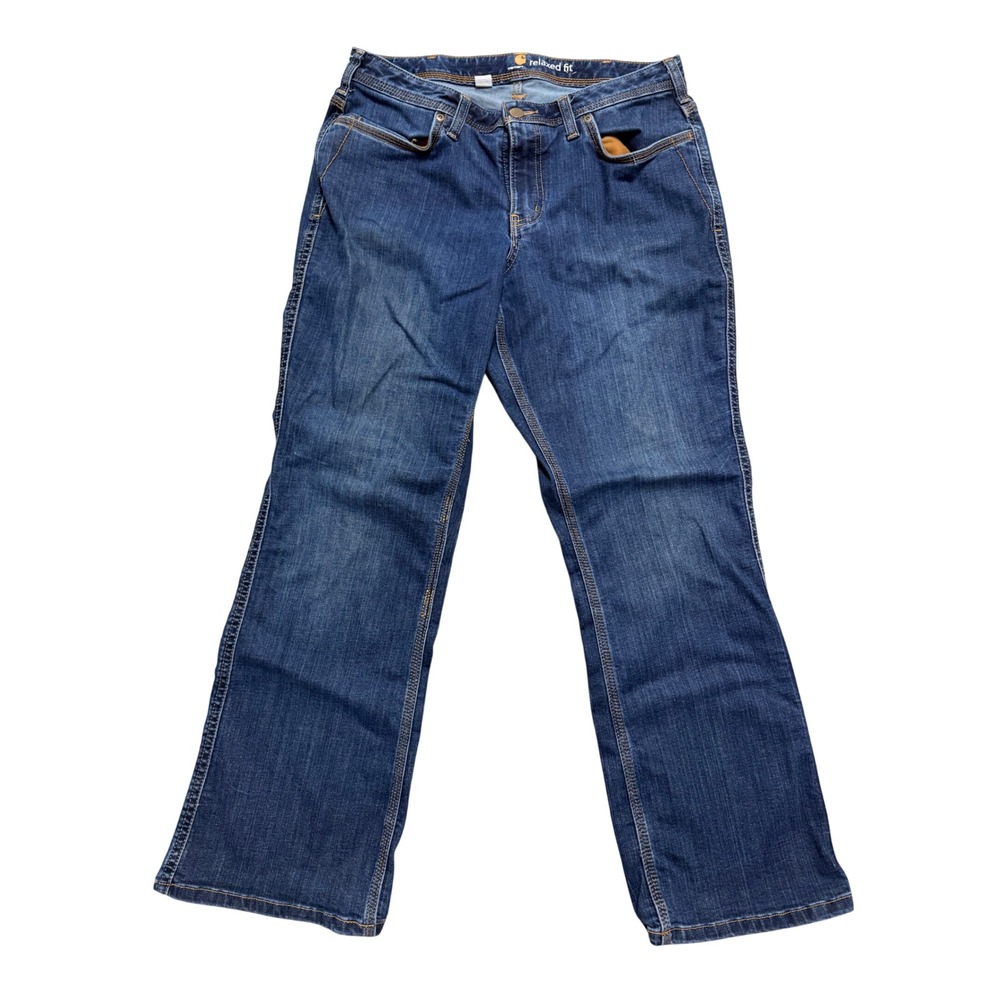 Carhartt Women Relaxed Fit Bootcut Jeans Medium Wash Denim 10 Short 100655 409